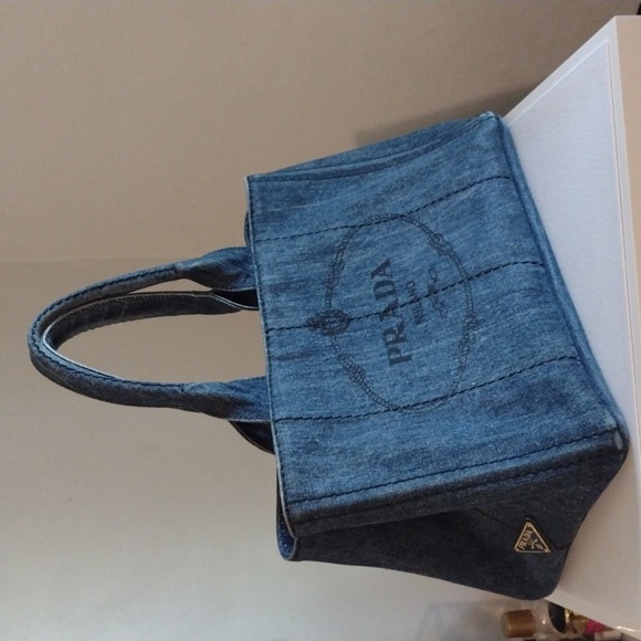 Prada Handbags - PRADA Large Canapa Logo Blue Denim Tote Bag